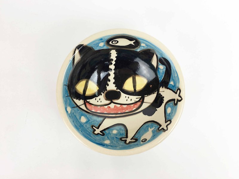 Nice Little Clay Handmade Light Bowl_Happy Flower Cat 02141-02 - จานเล็ก - ดินเผา สีน้ำเงิน