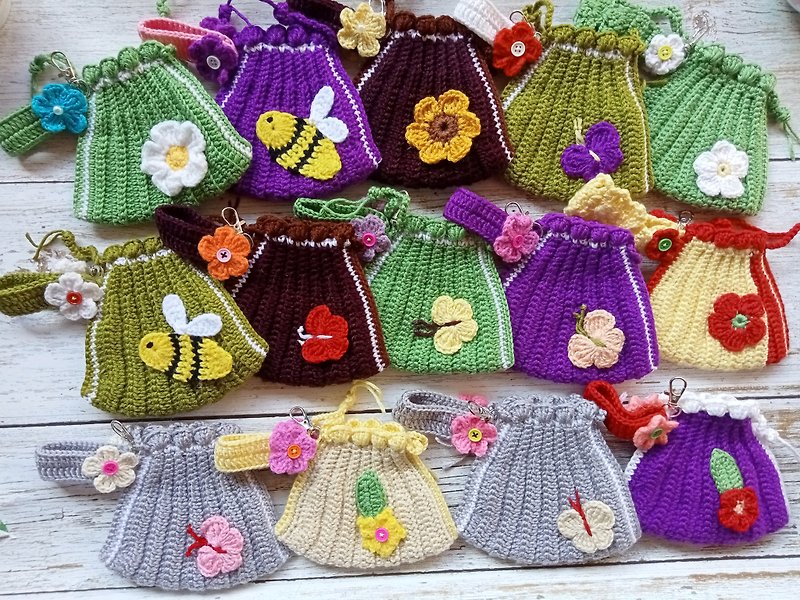 Crochet coin purse bag multicolor  / Drawstring bag handmade - Drawstring Bags - Acrylic Multicolor