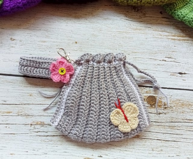 マルチカラー巾着バッグ、かぎ針編み小銭入れ、ハンドメイド、糸