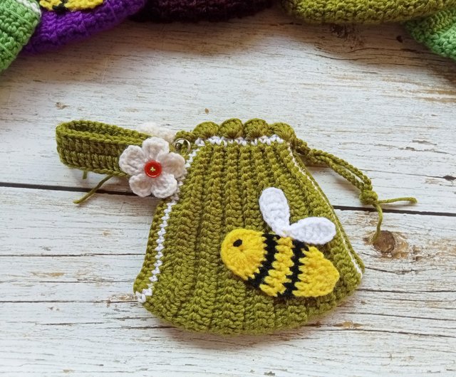 マルチカラー巾着バッグ、かぎ針編み小銭入れ、ハンドメイド、糸