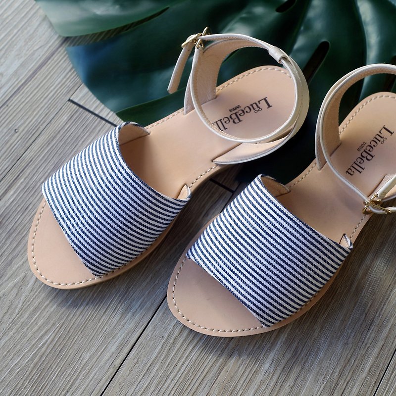 [Greek sky] Stripe word sandals -MIT full leather Taiwan handmade shoes - รองเท้ารัดส้น - หนังแท้ สีน้ำเงิน