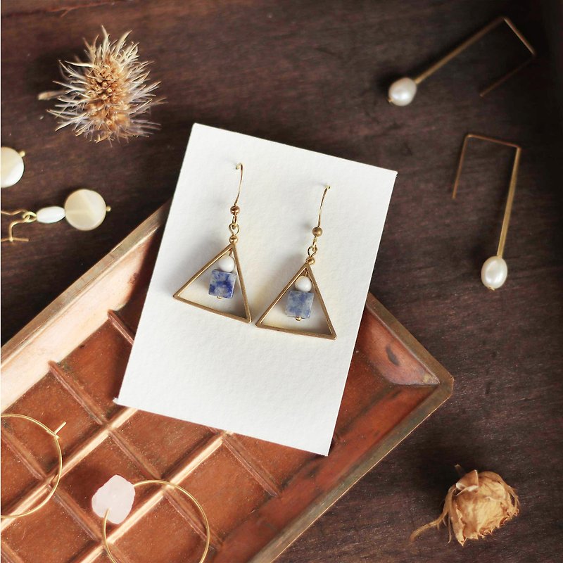 Natural Stone Geometric Brass Series Earrings - Blueberry Sandwich - Earrings & Clip-ons - Copper & Brass Blue