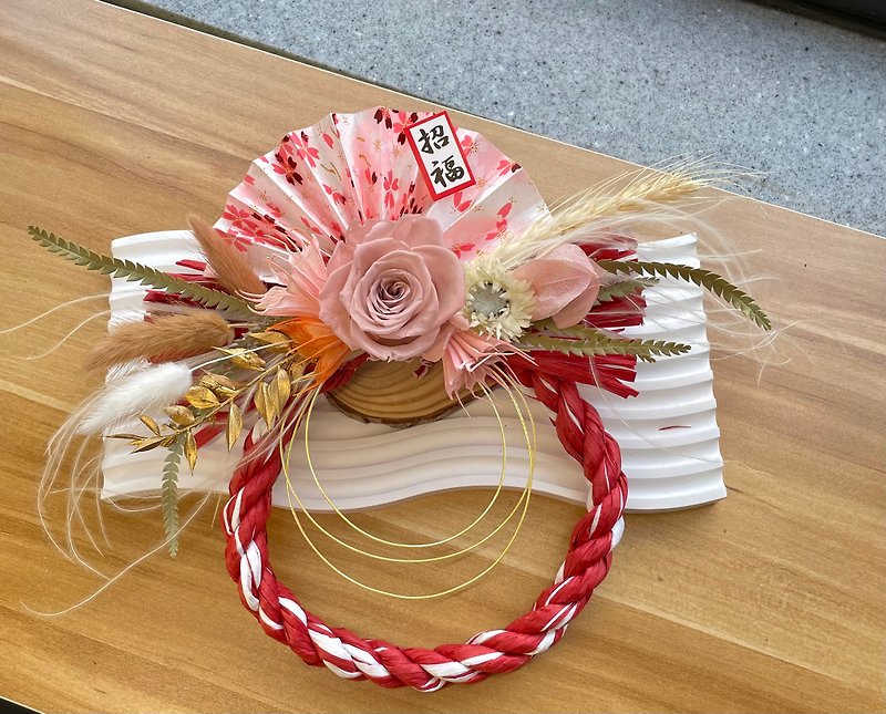 Japanese-style note and rope nude pink main flower 15cm New Year's note and rope New Year's wreath hanging decoration flower New Year - จัดดอกไม้/ต้นไม้ - พืช/ดอกไม้ สีแดง