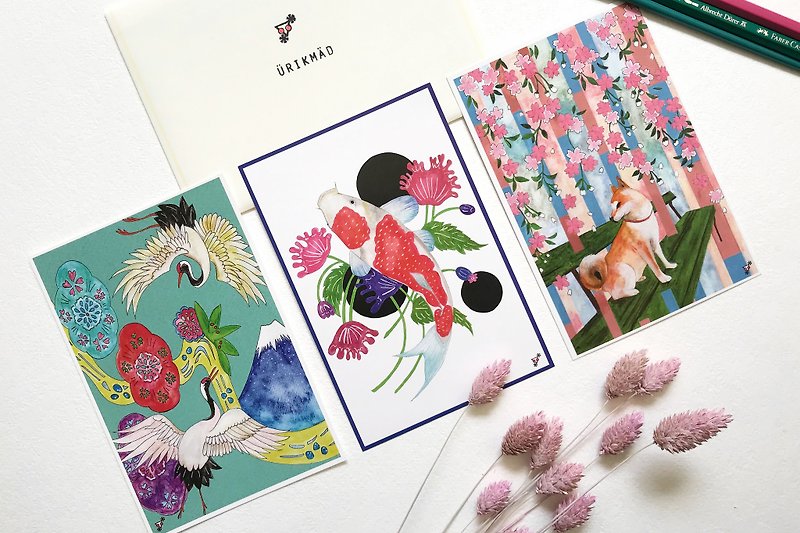 Set of 3 Japan Postcards - Crane and Mt.Fuji - Shiba and Sakura - Koi and Shadow - Cards & Postcards - Paper Multicolor