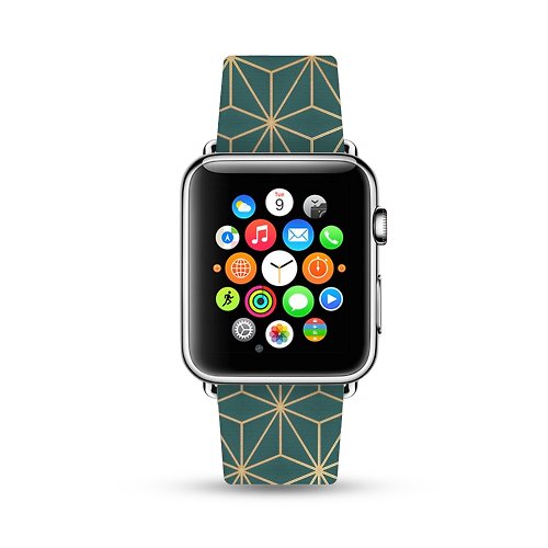 Freshion Apple Watch 真皮手錶帶適用於所有型號, 墨綠金屬幾何圖案 -312