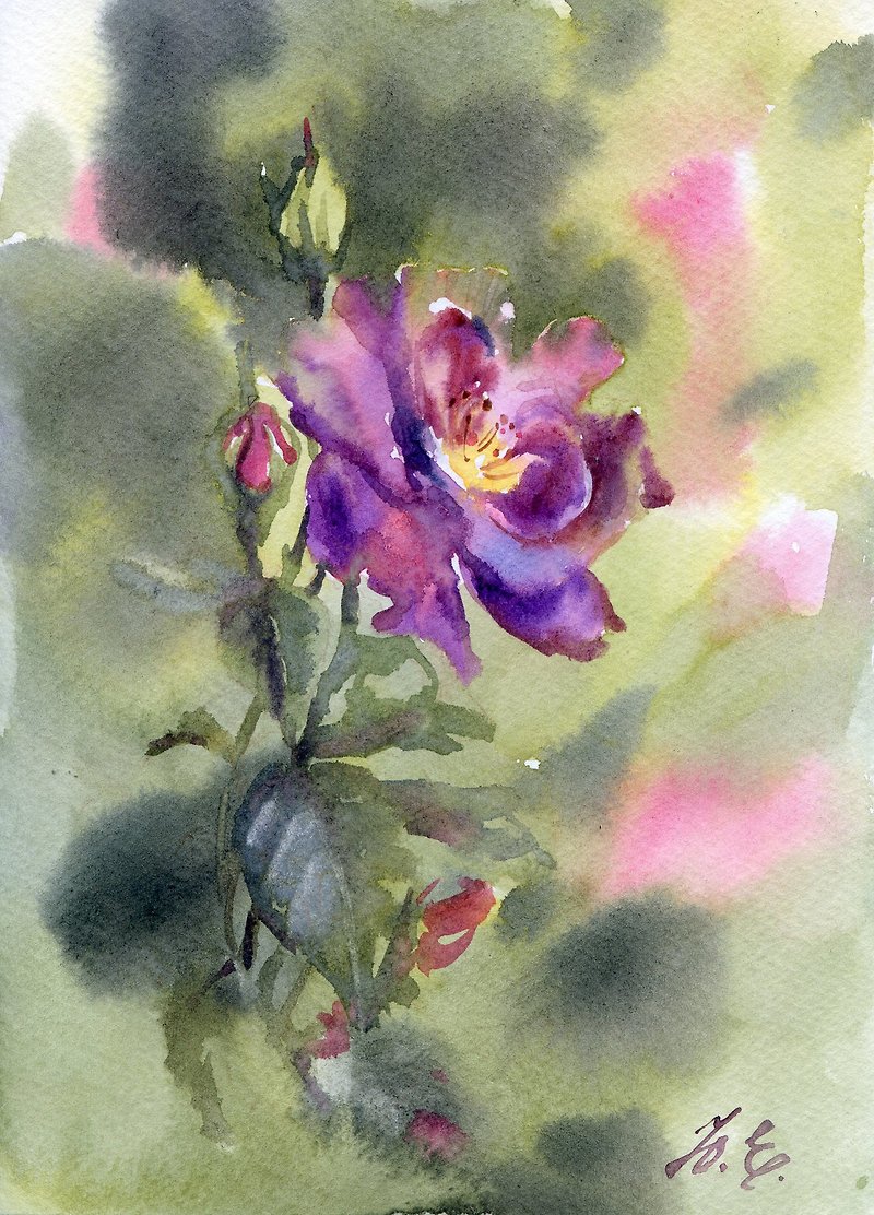 Violet rose in watercolor Original art Floral painting by Yulia Evsyukova. - โปสเตอร์ - กระดาษ สีม่วง
