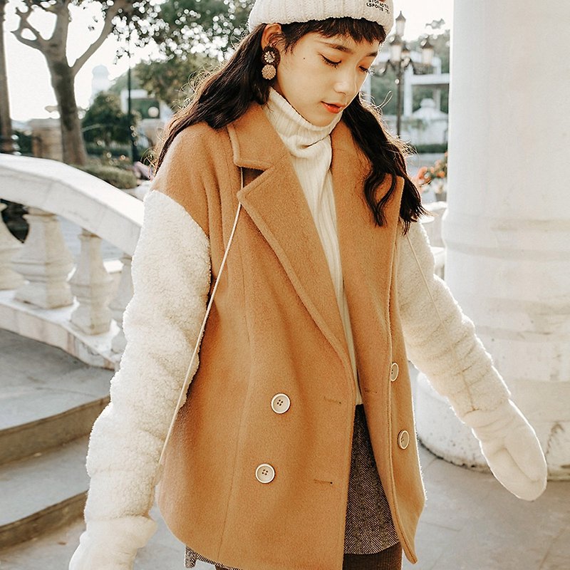 2018女性の冬服のコントラストカラーの袖のダブルブレストのショートジャケットYFD 81126 - ジャケット - ポリエステル カーキ
