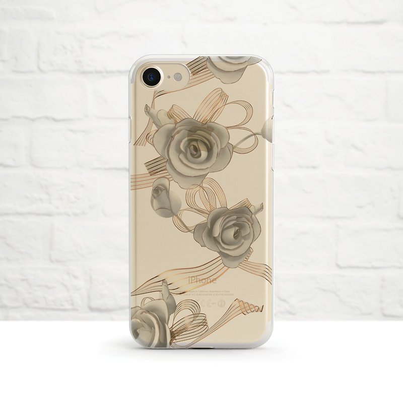 緞帶玫瑰-防摔透明軟殼- iPhone 14 pro至 iPhone SE, Samsung - 手機殼/手機套 - 塑膠 卡其色