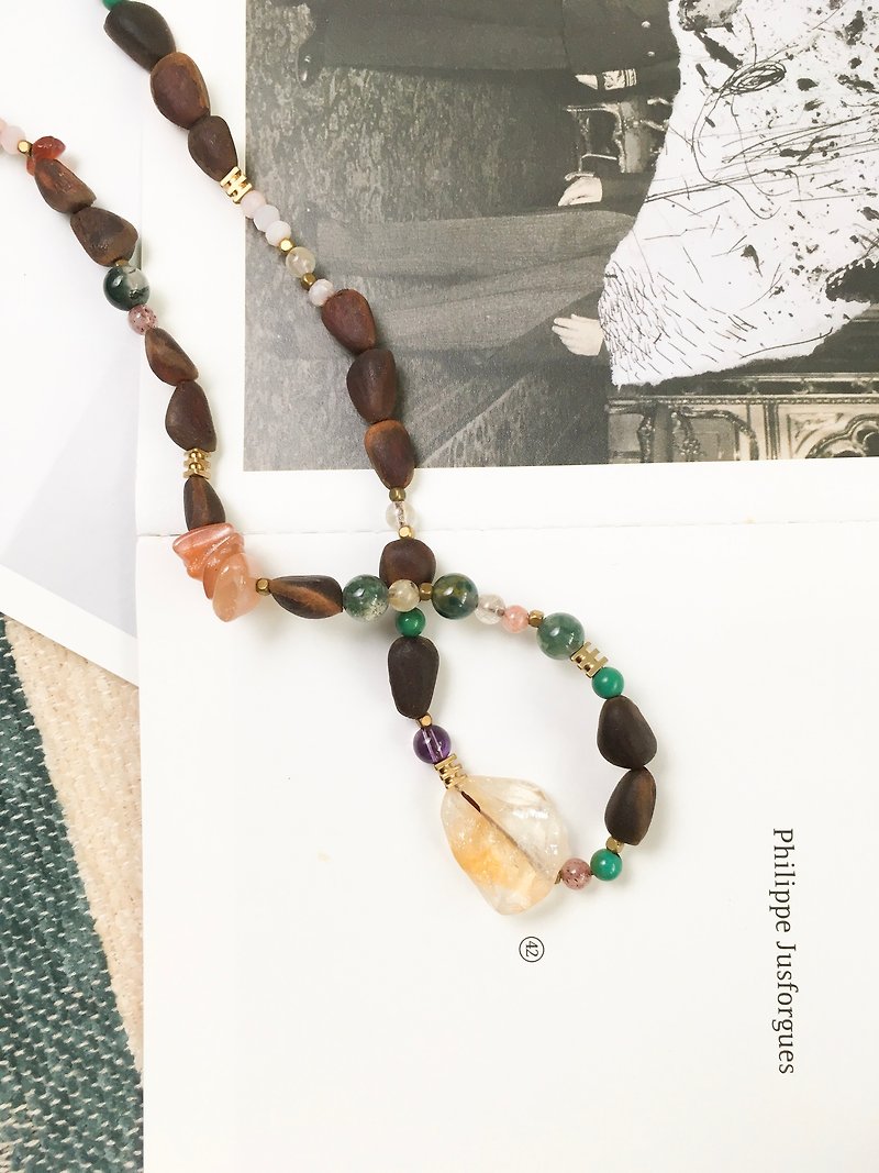 Hey Cedar Whisper | Big Yellow Crystal Sun Stone Pine Nut Necklace - Can Be Used as Three Ring Bracelets - Necklaces - Crystal Green