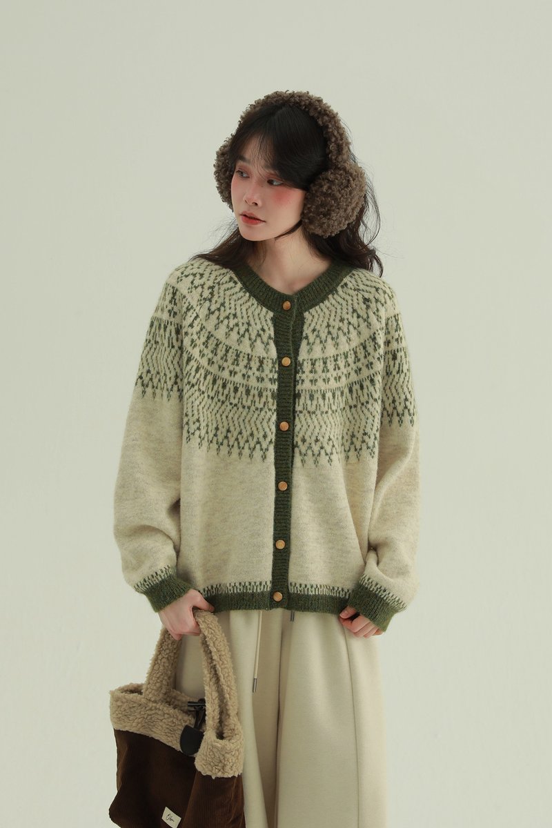 2 Colors Nordic Fairytale Fair Isle Wooden Button Sweater Winter Artistic Vintage Thick Knit Cardigan - สเวตเตอร์ผู้หญิง - ไฟเบอร์อื่นๆ สีเขียว