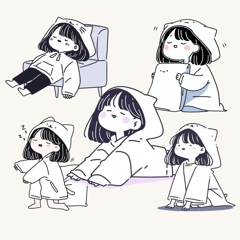 可愛萌系女孩插畫 貓帽連帽裝20張PNG 適合拼貼與手帳素材 - 電子似顏繪/繪畫/插畫 - 其他材質 