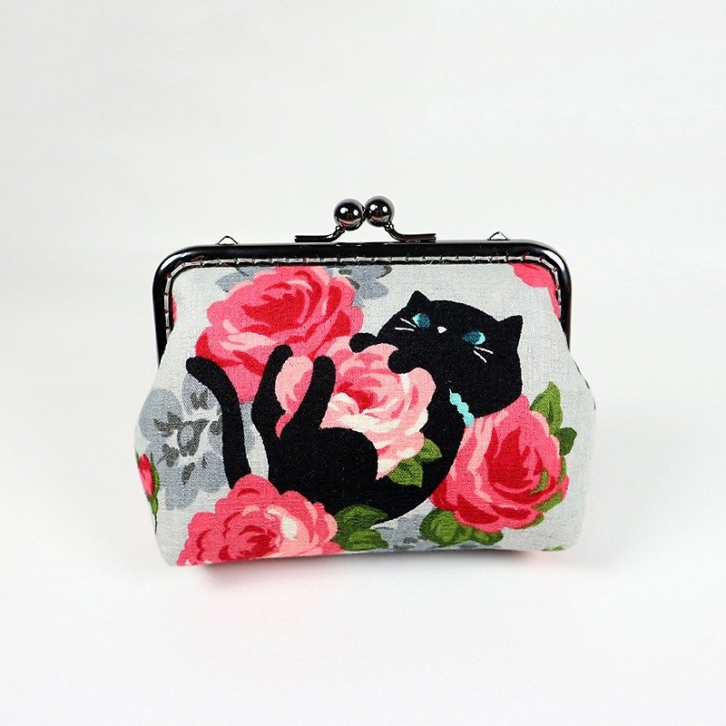 Japanese style and wind hand bag mouth package - rose cat (gray) - กระเป๋าคลัทช์ - ผ้าฝ้าย/ผ้าลินิน สีเทา