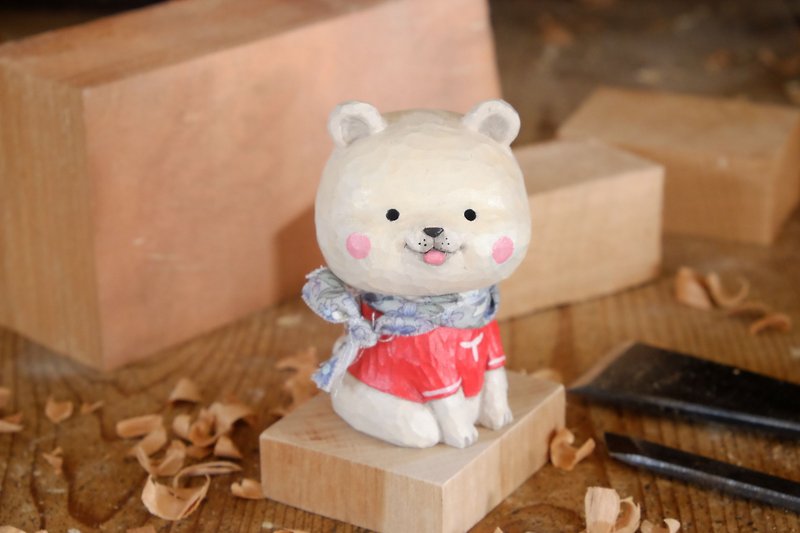 想作室木雕動物_坐姿小熊 (原木手工雕刻) - 公仔模型 - 木頭 白色