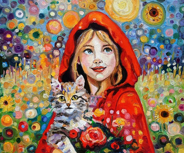 原創畫 子猫と少女の絵画 オリジナルアート 油絵 キャンバスに油絵 - ショップ OlgaShelArt ウォールデコ・壁紙 - Pinkoi