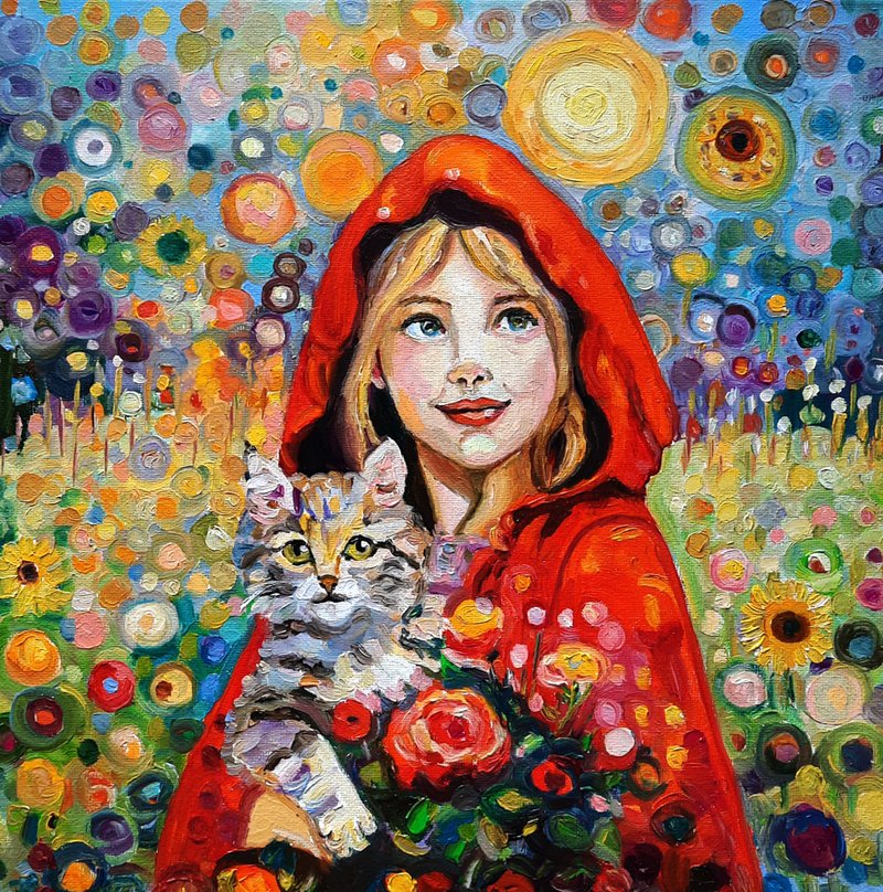 原創畫  Kitten and  Girl Painting  Original Art  Oil Painting  Oil On Canvas - ตกแต่งผนัง - วัสดุอื่นๆ สีแดง