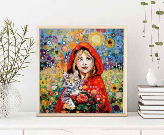 自作画 イラスト キャンバス 油画 アクリル画 原創畫 子猫と少女の絵画 オリジナルアート 油絵 キャンバスに