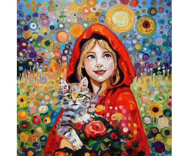 原創畫 子猫と少女の絵画 オリジナルアート 油絵 キャンバスに