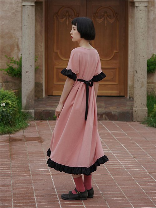 然而 RANER 芭比粉色 法式少女甜美拼接洋裝 宮廷繫帶收腰連衣裙春秋裙子