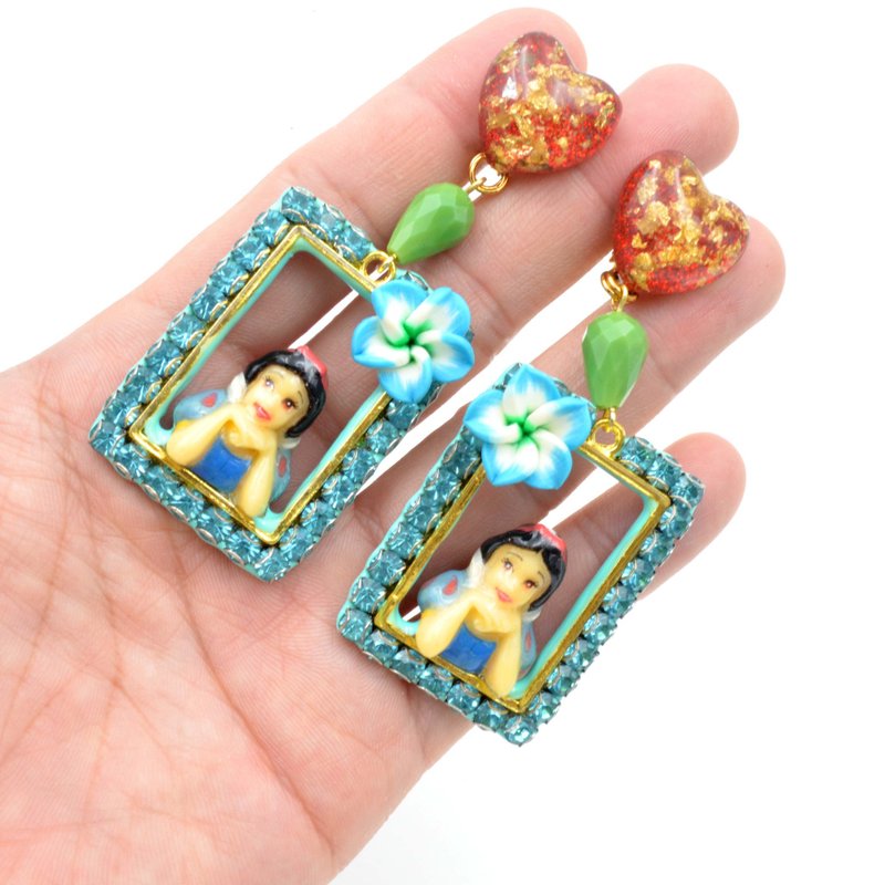 薄荷綠配藍色施華洛水晶公主夾式耳環 PRINCESS相框EARRINGS - 耳環/耳夾/耳骨夾 - 其他材質 多色