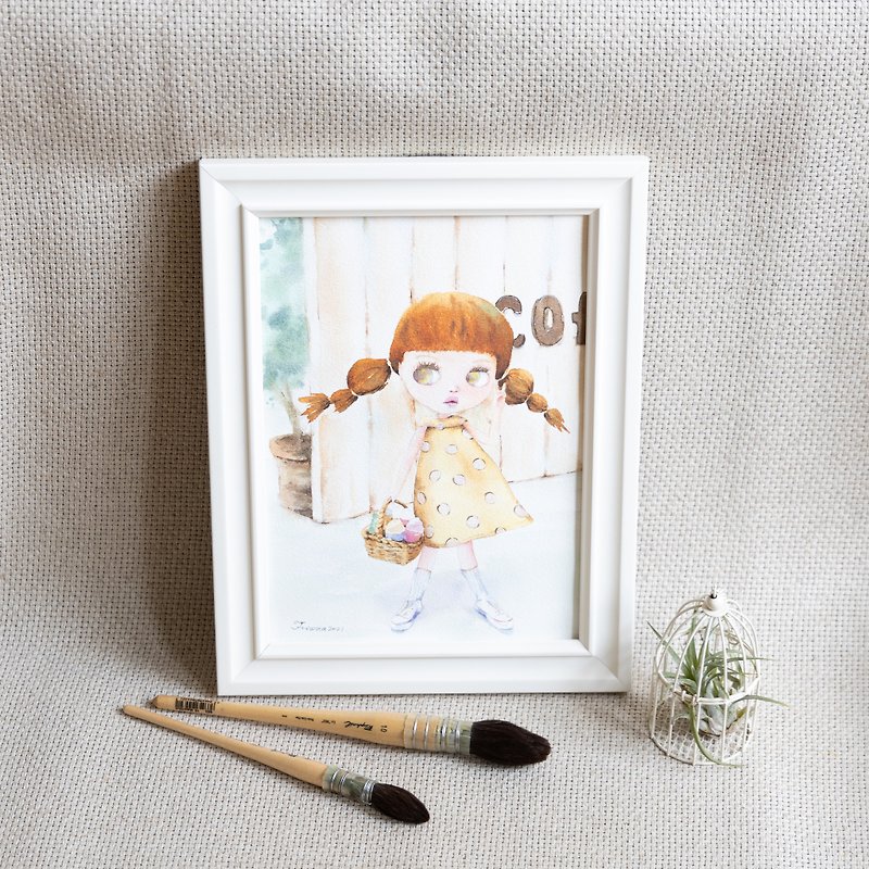 Watercolor illustration of a girl with long hair and braids going out / hand-painted original watercolor painting / framed - โปสเตอร์ - กระดาษ 