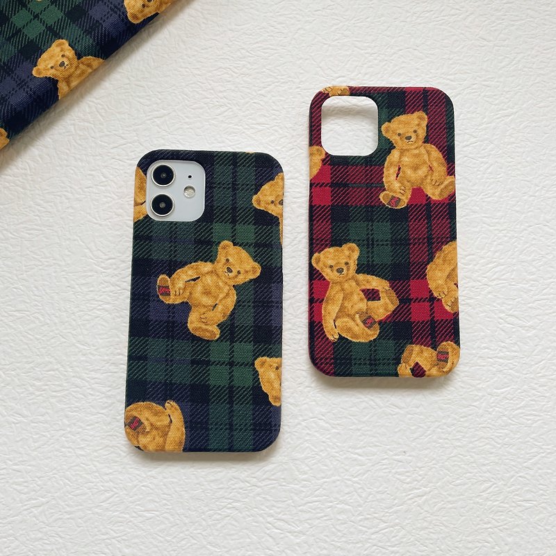 棉．麻 手機殼/手機套 多色 - 蘇格蘭格子泰迪小熊布藝 手工做 布面 iPhone手機殼 可客製