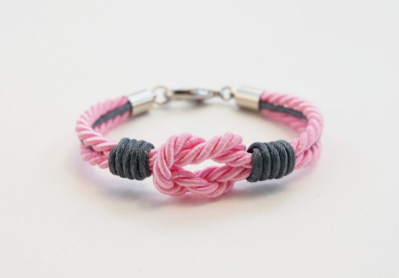Light pink tie the knot bracelet with gray waxed cotton cord - 手鍊/手鐲 - 其他材質 粉紅色