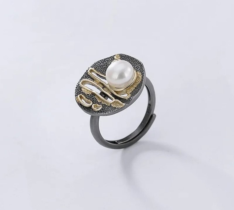 100% Real 925 Sterling Silver Natural Pearl Rings for Women Anti Fade Black Gold - 戒指 - 純銀 白色