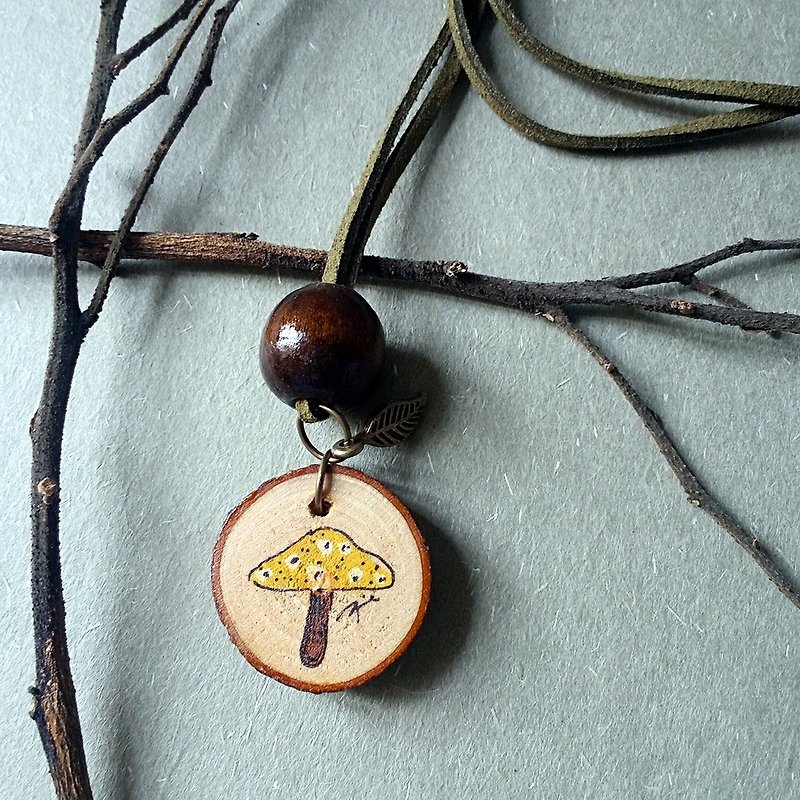 Hand-painted necklace/pendant (mushroom-yellow) - Necklaces - Wood Multicolor