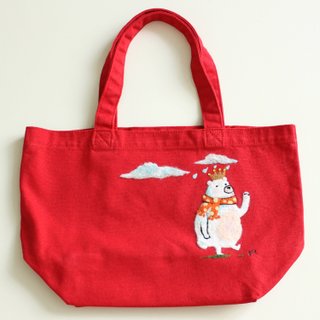 ホワイトベアキングレッドハンドバッグ - ニードルフェルト刺繍ホッキョクグマトート