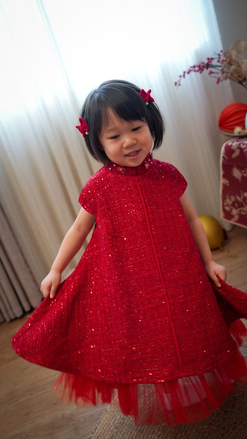 China Doll - Cap Sleeve Tweed Qipao (Red - ชุดเด็ก - เส้นใยสังเคราะห์ สีแดง