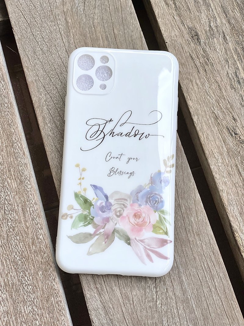 【客製化禮物】手機殼 iPhone 7~14 名字 水彩 玫瑰 包邊 - 手機殼/手機套 - 塑膠 藍色