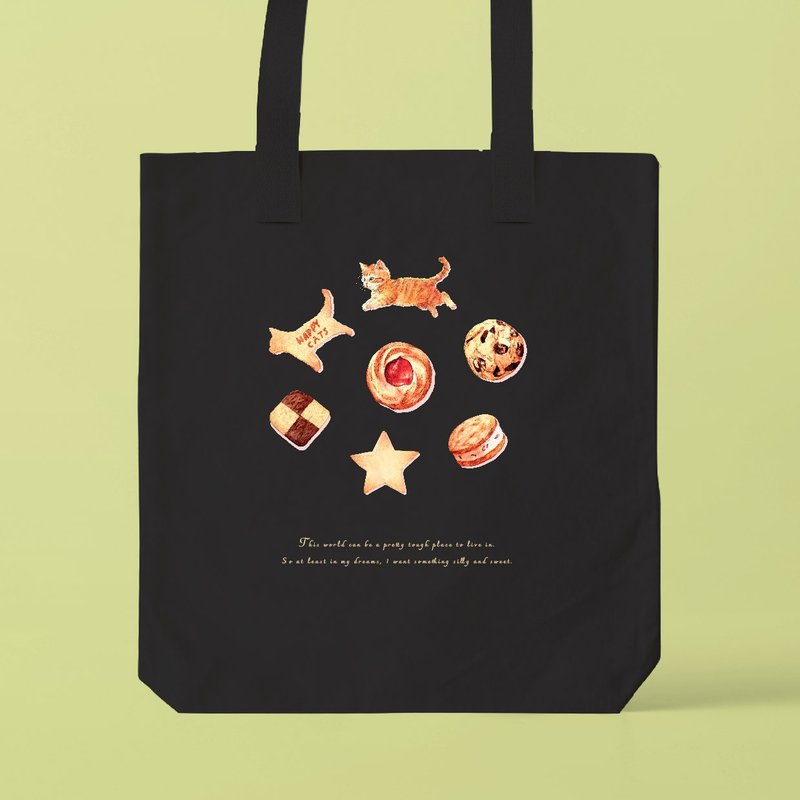 SWEET DREAMS_猫とクッキー /A3サイズ対応のトートバッグ - 手提包/手提袋 - 棉．麻 白色