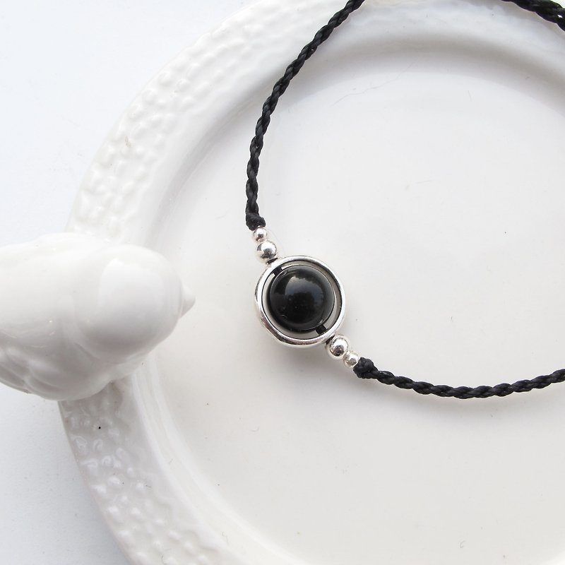 Big staff Taipa [manual silver] black agate × globe Brazilian wax rope bracelet handmade sterling silver - สร้อยข้อมือ - เครื่องประดับพลอย หลากหลายสี