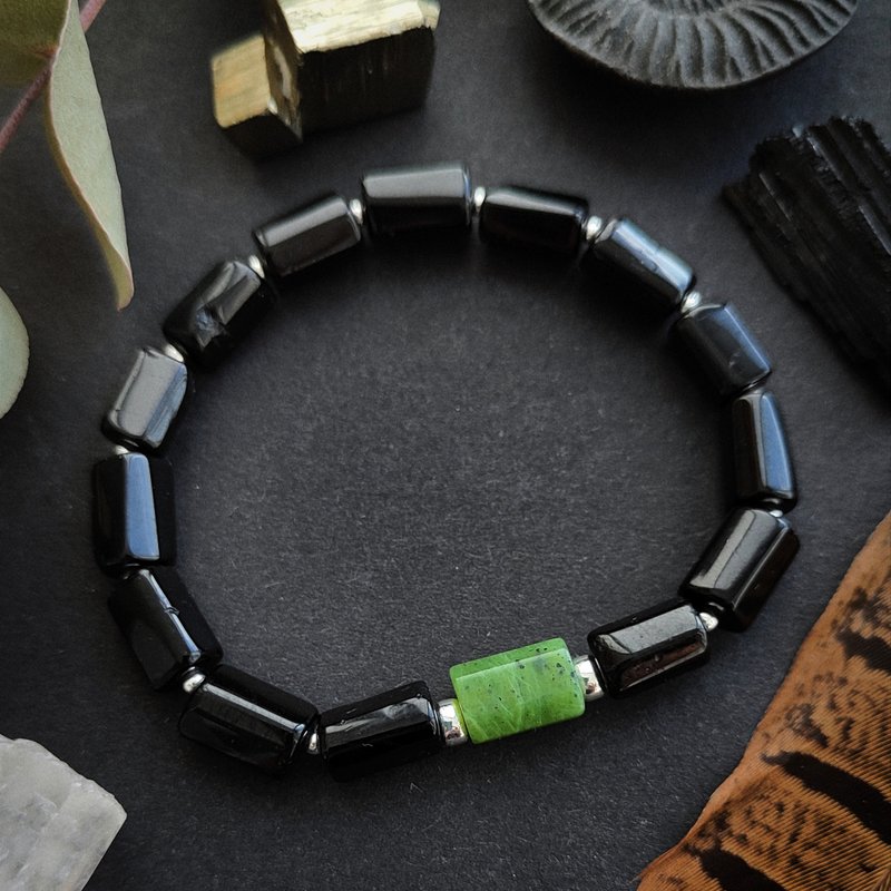 Black Tourmaline and Nephrite Bracelet - Prosperity, Luck and Protection amulet - 手鍊/手環 - 半寶石 黑色