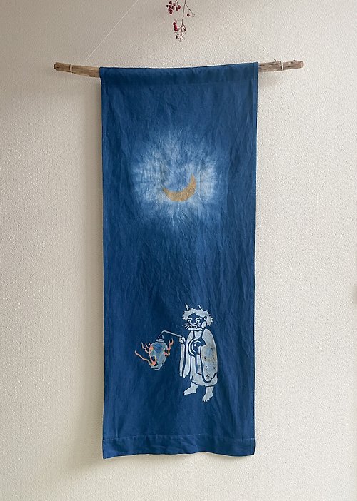 BLUE PHASE 日本製 妖怪 鬼 Midnight Summer Dream Tapestry Indigo dyed 藍染タペストリー 型摺り染 aizome moon 月