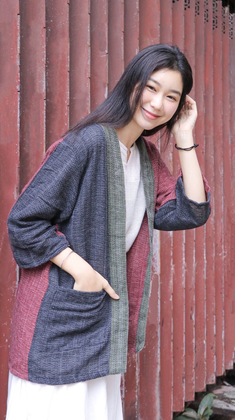 薔薇果・手搖線和風外套  【 情人節 生日 】 - 女上衣/長袖上衣 - 棉．麻 紅色