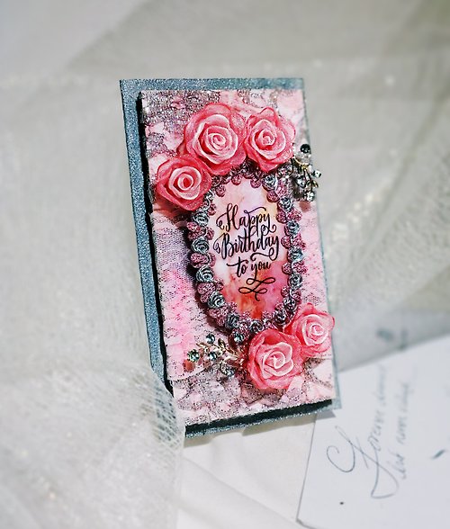 艾朵兒 adorer design 櫻雪粉紅玫瑰 緞帶永生花 手工卡片 禮盒 (客製、生日卡、情人卡)