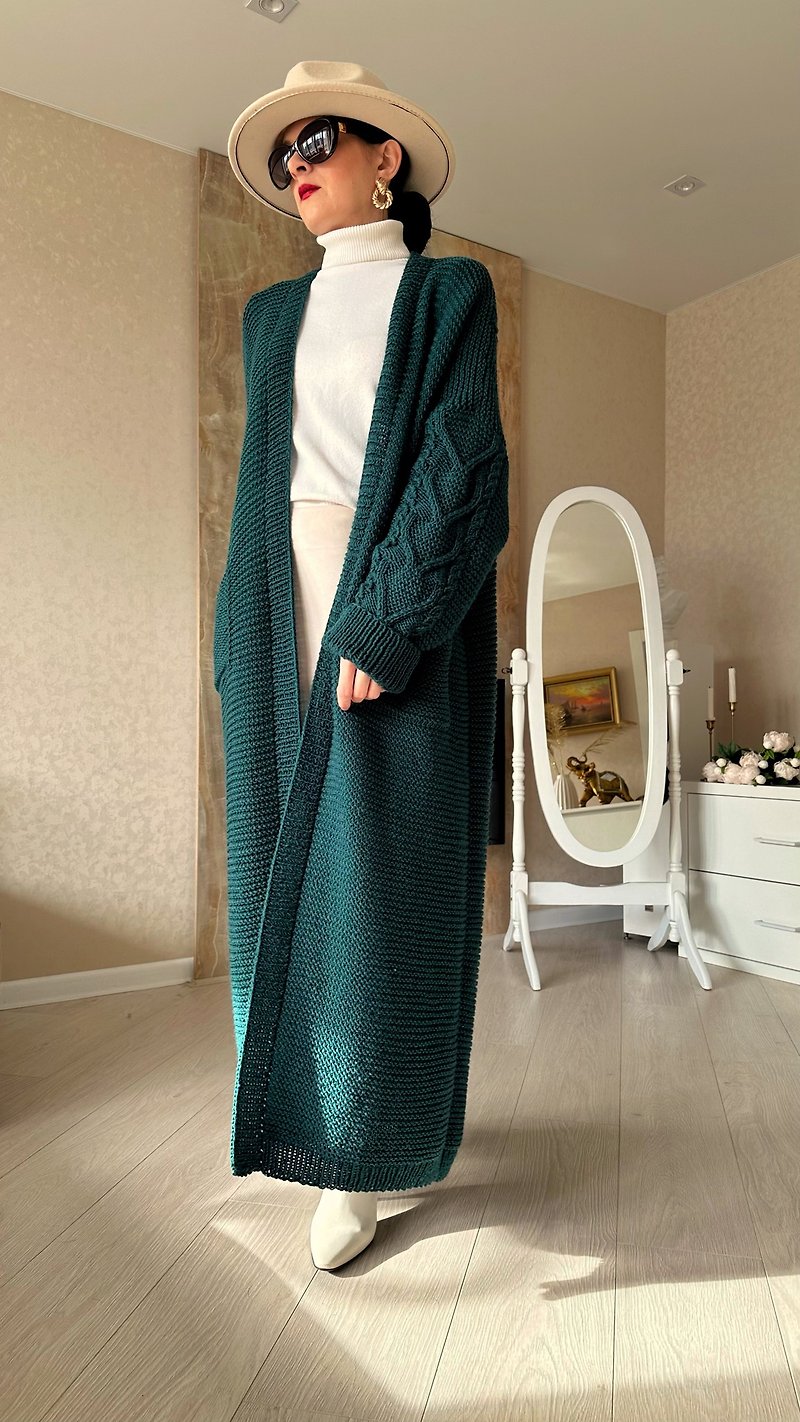 Long wool cardigan Long knit cardigan Green sweater - สเวตเตอร์ผู้หญิง - ขนแกะ 