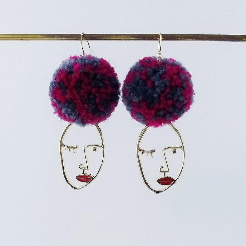 Golden face red lip with afro head - Earrings & Clip-ons - Sterling Silver Gold