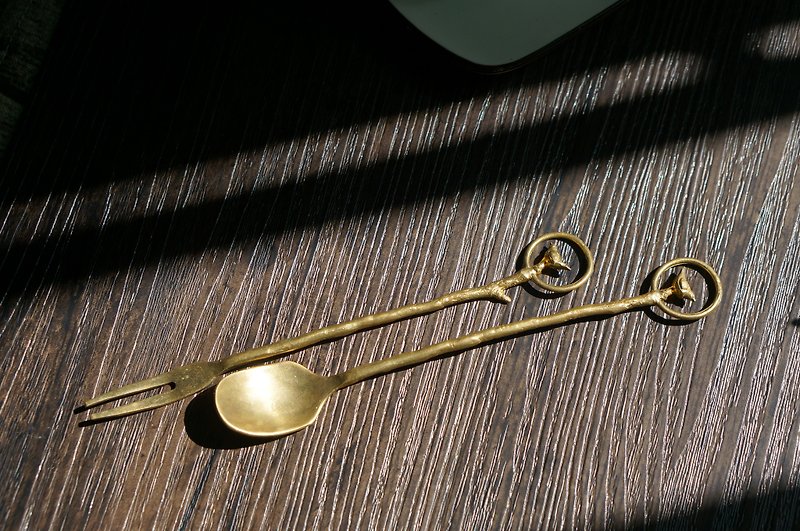 Magpie twig texture copper cutlery copper spoon copper fork - Cutlery & Flatware - Other Metals 