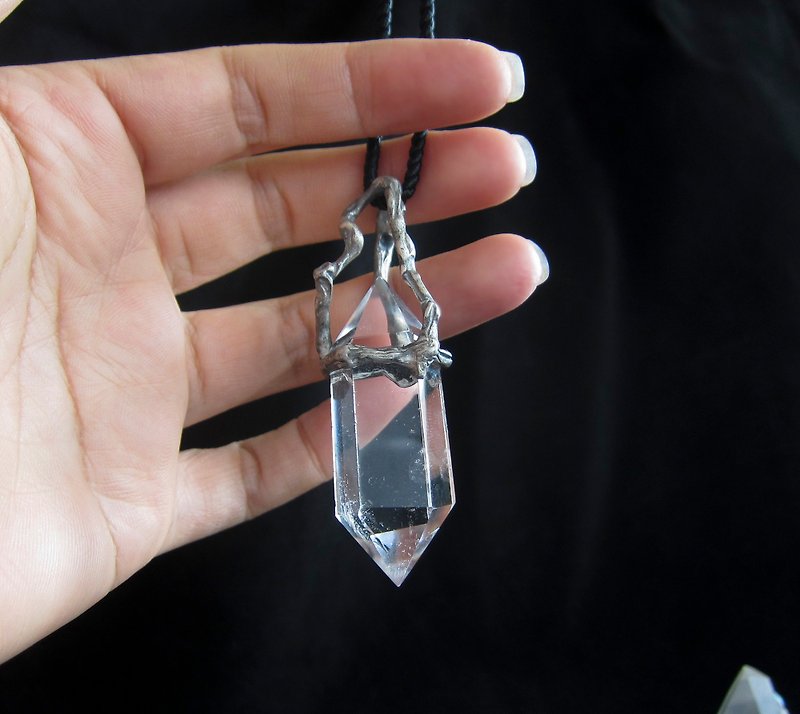 Original design Silver inlaid natural white crystal column pendant with rope necklace - Necklaces - Sterling Silver Black