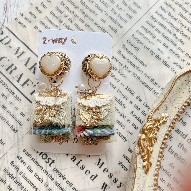 wow Handmade-心跳書籤 刺繡緞帶 2way鈕扣耳環 - 耳環/耳夾/耳骨夾 - 其他材質 