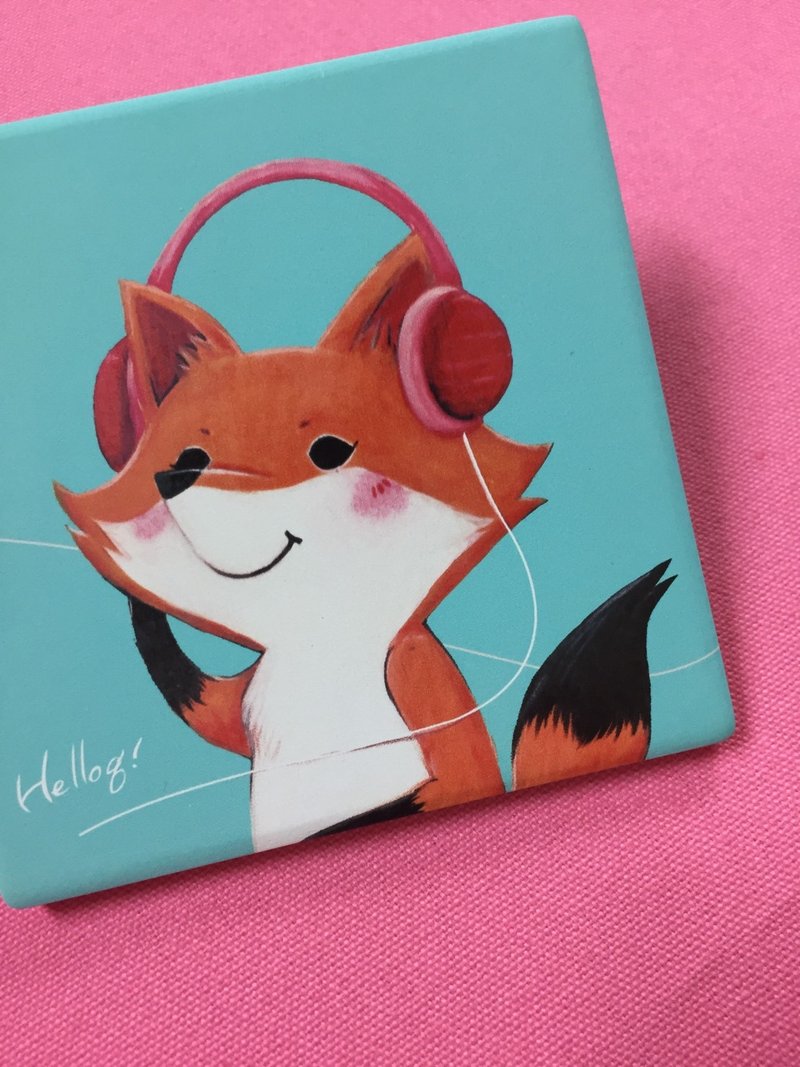 Mr. Fox music - square ceramic water coaster - ที่รองแก้ว - เครื่องลายคราม สีส้ม