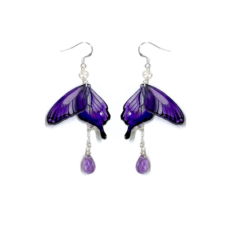 "Butterfly Remembrance IV" purple version-glazed bird butterfly. Hand drawn butterflies. Natural pearl & amethyst. Natural stone drop earrings. Sterling silver earrings. Interchangeable Clip-On. Suitable for star people without pierced ears. - ต่างหู - เครื่องเพชรพลอย สีม่วง