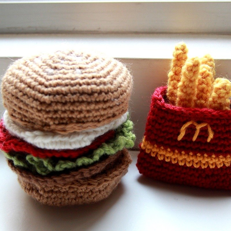 Amigurumi crochet doll: Knitting Pattern Deal, Burger meal - Items for Display - Paper Brown