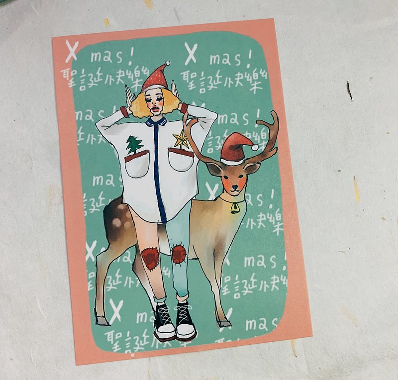 Elk Girl Christmas Card Christmas Postcard - การ์ด/โปสการ์ด - กระดาษ สีแดง