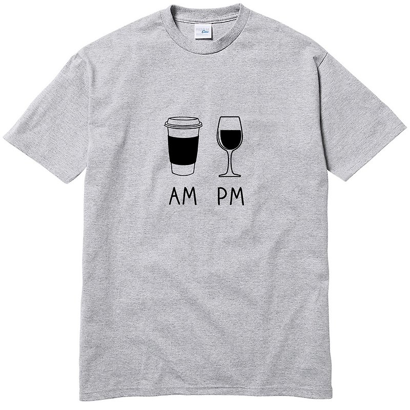 COFFEE AM WINE PM Gray t shirt - เสื้อยืดผู้ชาย - ผ้าฝ้าย/ผ้าลินิน สีเทา