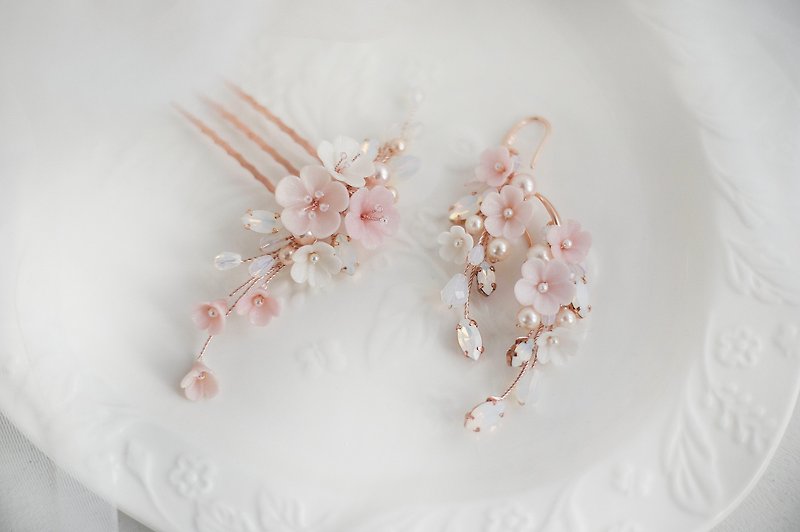 White opal pink jewelry set, Bridal flower pearl earrings, Cherry blossom - 髮夾/髮飾 - 黏土 粉紅色