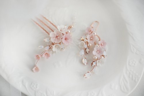 Kamael Shine White opal pink jewelry set, Bridal flower pearl earrings, Cherry blossom