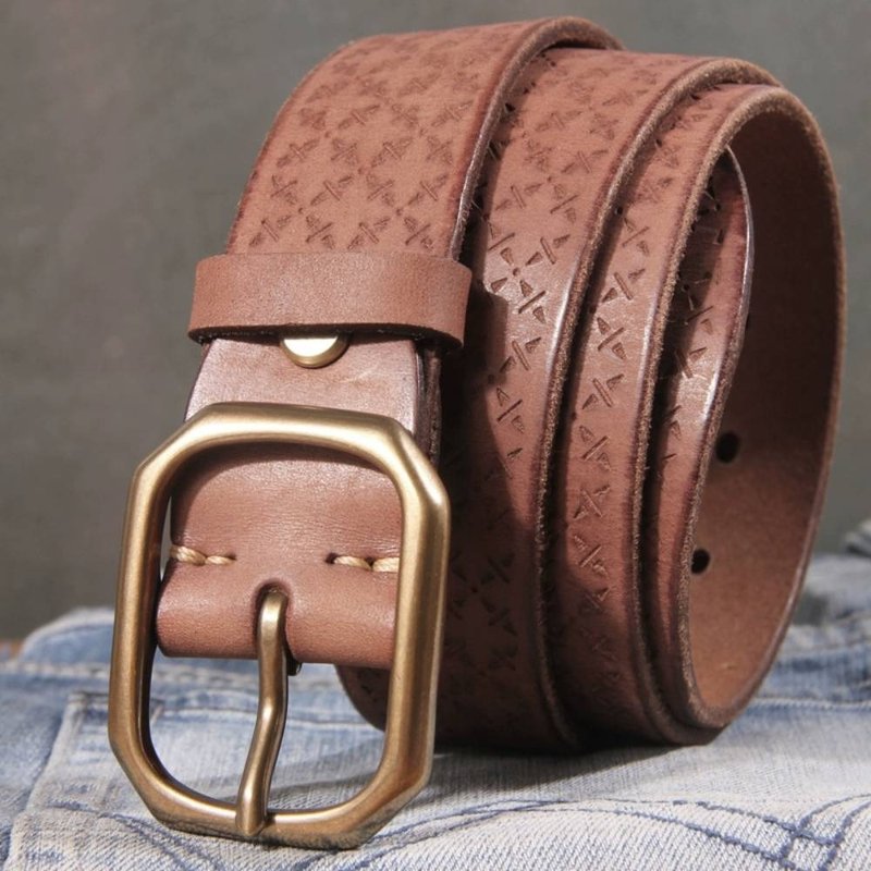 Retro Cowhide Men's Belt Frist Layer Leather Copper Buckle Waist Belt For Jeans - เข็มขัด - หนังแท้ สีนำ้ตาล